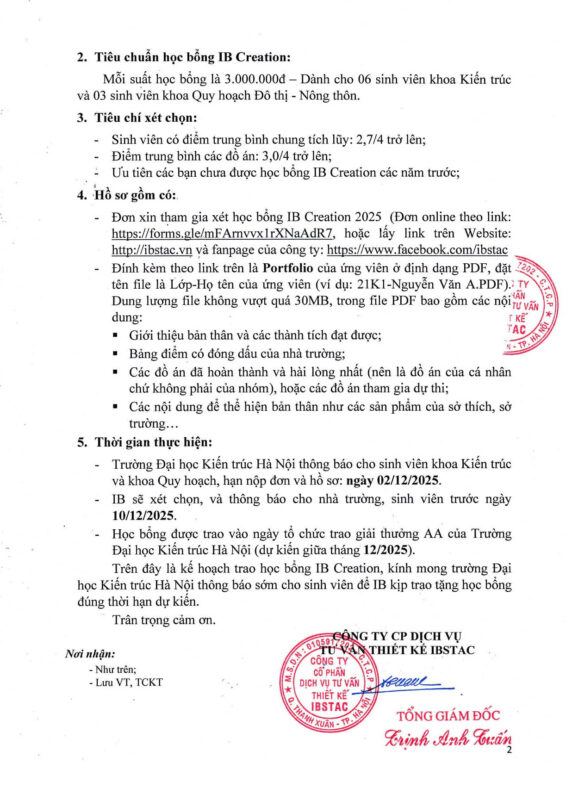 Học bổng IB Creation 2025 – Đại học Kiến trúc Hà Nội