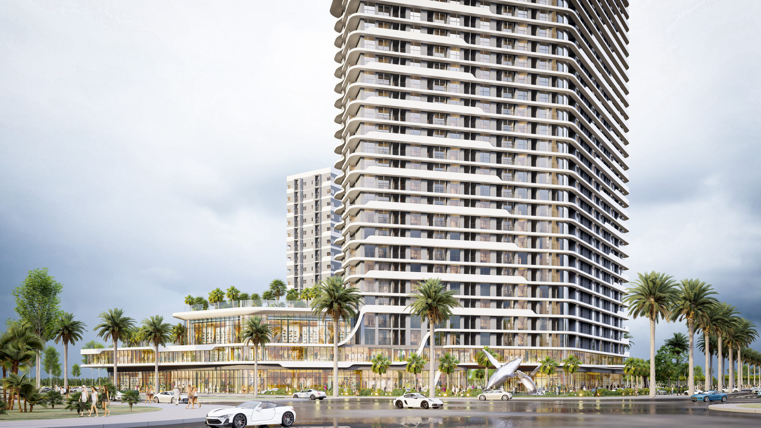 Phối cảnh mặt đứng Whale Residence Đà Nẵng do IBSTAC Architects & Planners thiết kế, chung cư cao cấp ven biển với hình khối mềm mại và cảnh quan tầng đế.