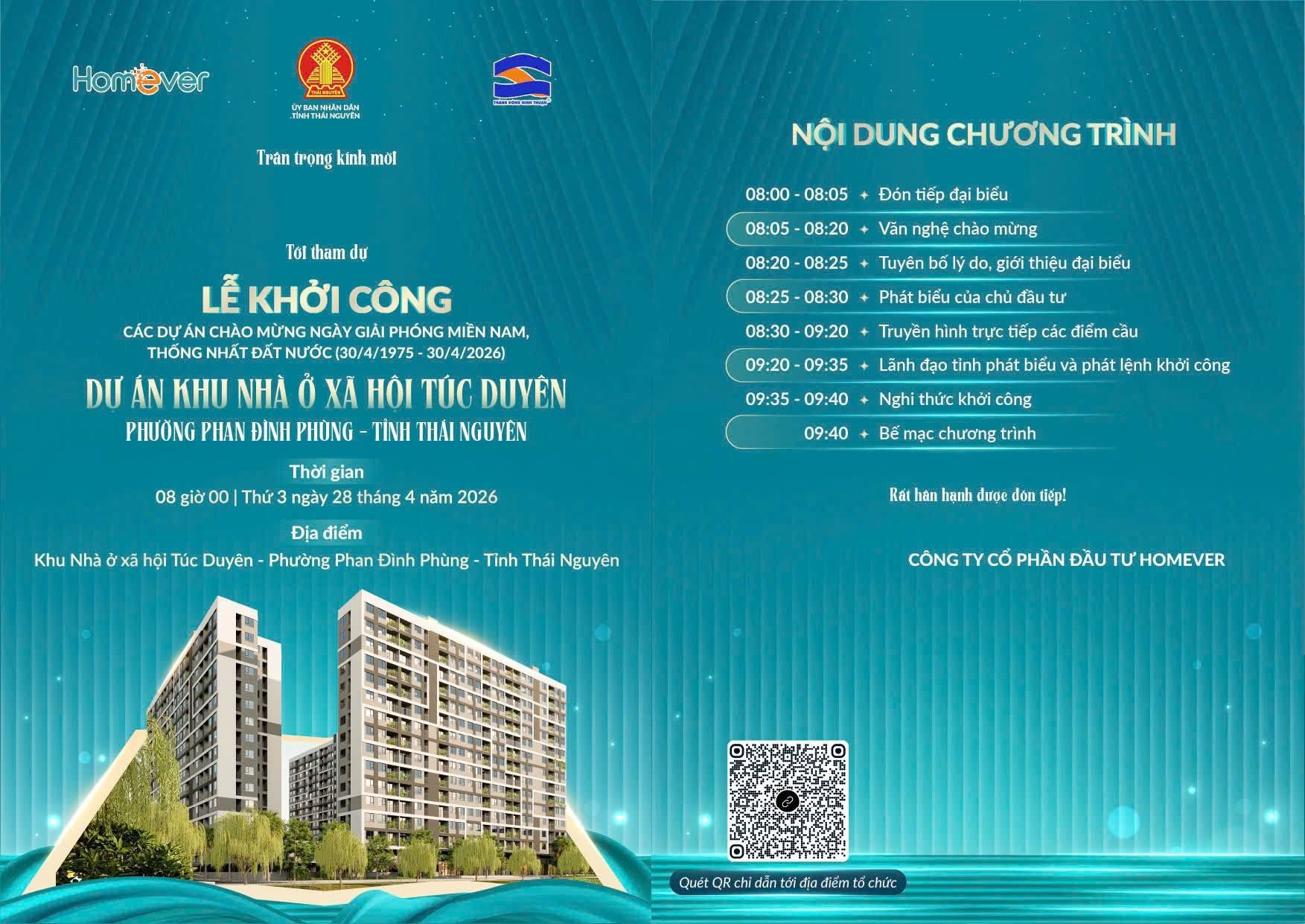 Thiệp mời Lễ khởi công Dự án Khu Nhà ở xã hội Túc Duyên ngày 28/4/2026 tại phường Phan Đình Phùng, Thái Nguyên