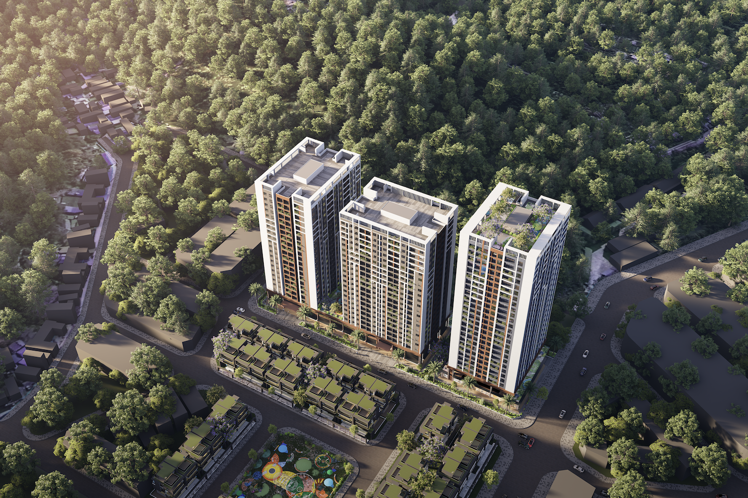 Phối cảnh trên cao thể hiện tổ chức hai khối nhà ở xã hội, một khối căn hộ thưọng mại, tầng đế và hệ thống không gian xanh.